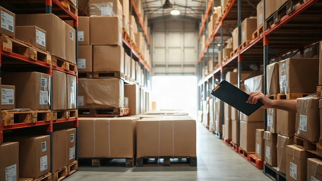 warehouse aisle with wooden pallets stacked with sealed cardboard shipping boxes, a worker's hand checking a clipbo