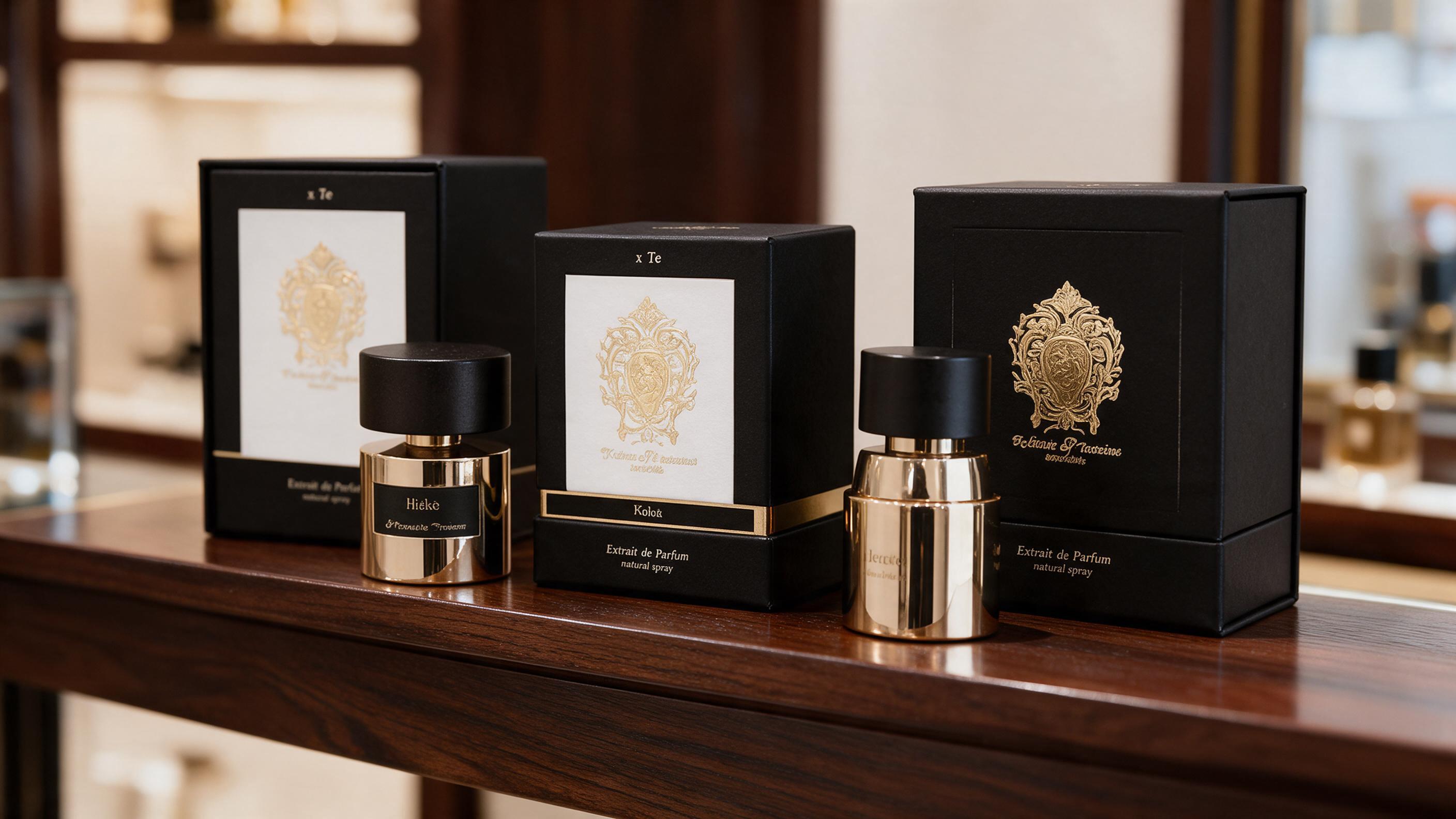 professional e-commerce product photography of a luxury perfume bottle displayed on a retail shelf next to another match