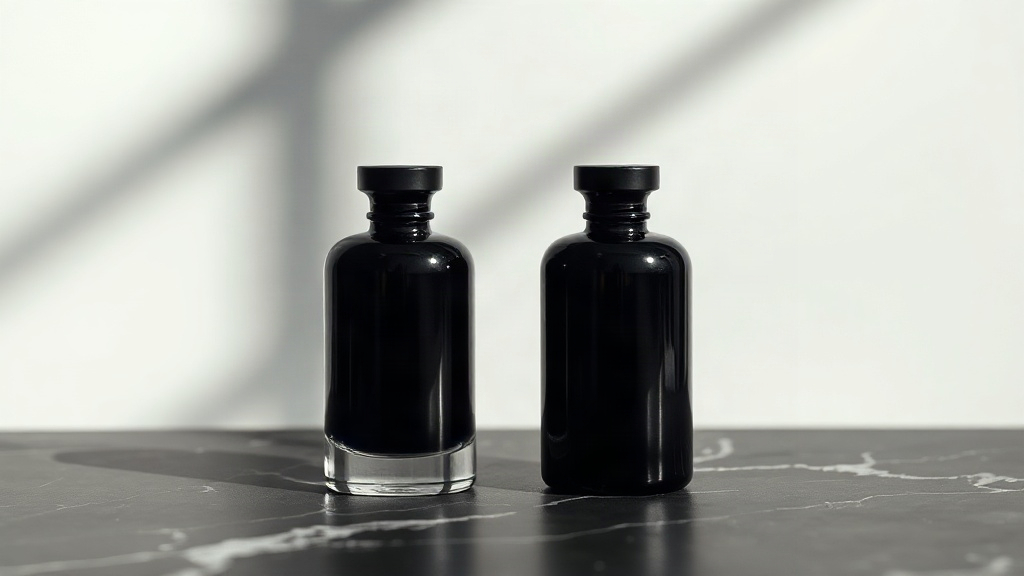 two elegant dark perfume bottles displayed side by side on a dark marble surface, dramatic studio lighting with soft sha