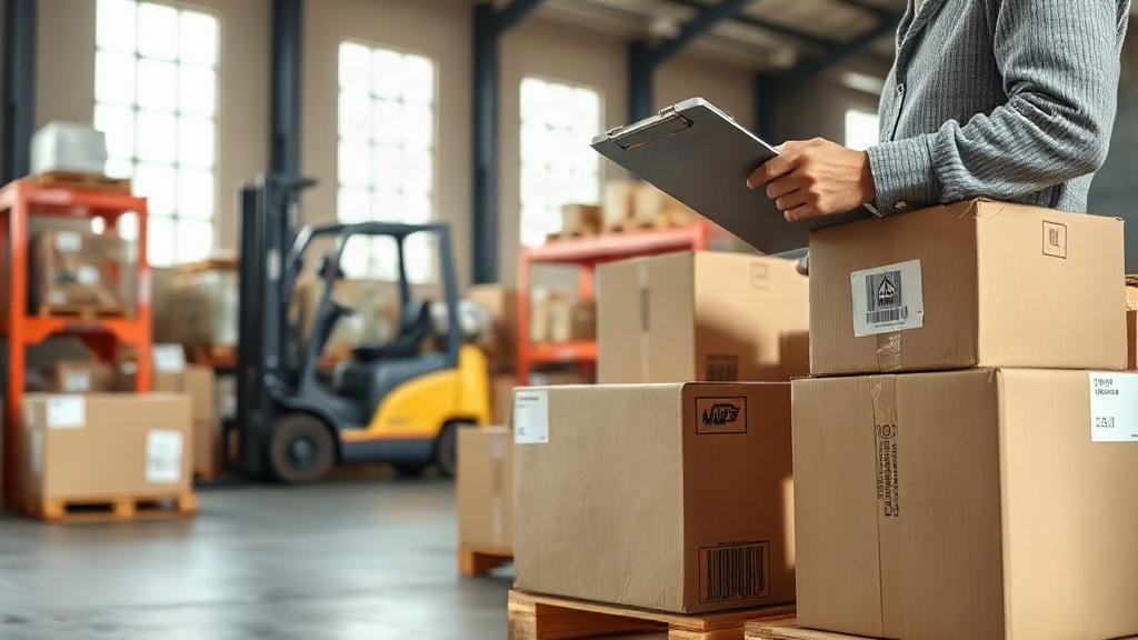 warehouse interior with stacked cardboard shipping boxes on wooden pallets, a worker's hand holding a clipboard che