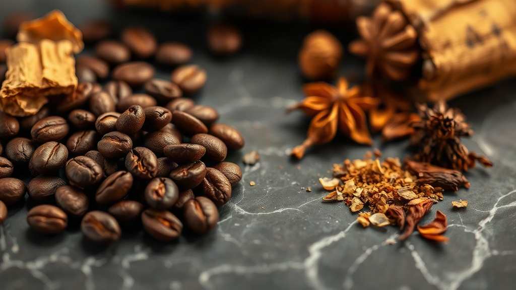 close-up still life of roasted coffee beans, raw oud wood chips, amber resin chunks and dried spices arranged on a dark 