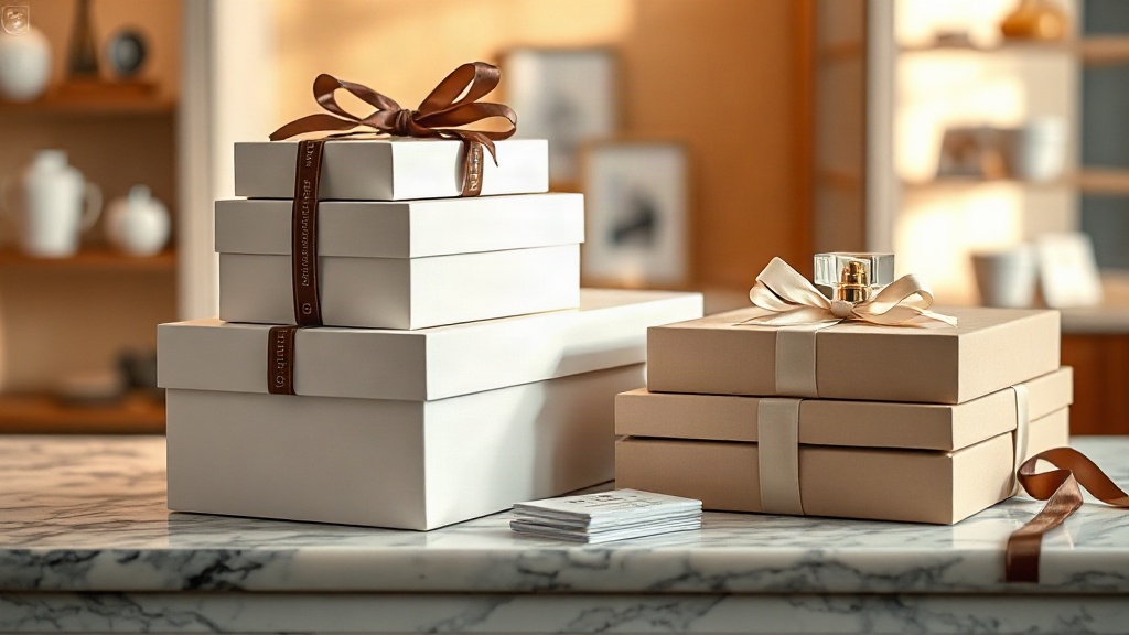 elegant perfume gift packaging boxes stacked on a marble counter, ribbon and tester cards, luxury retail display setup, 