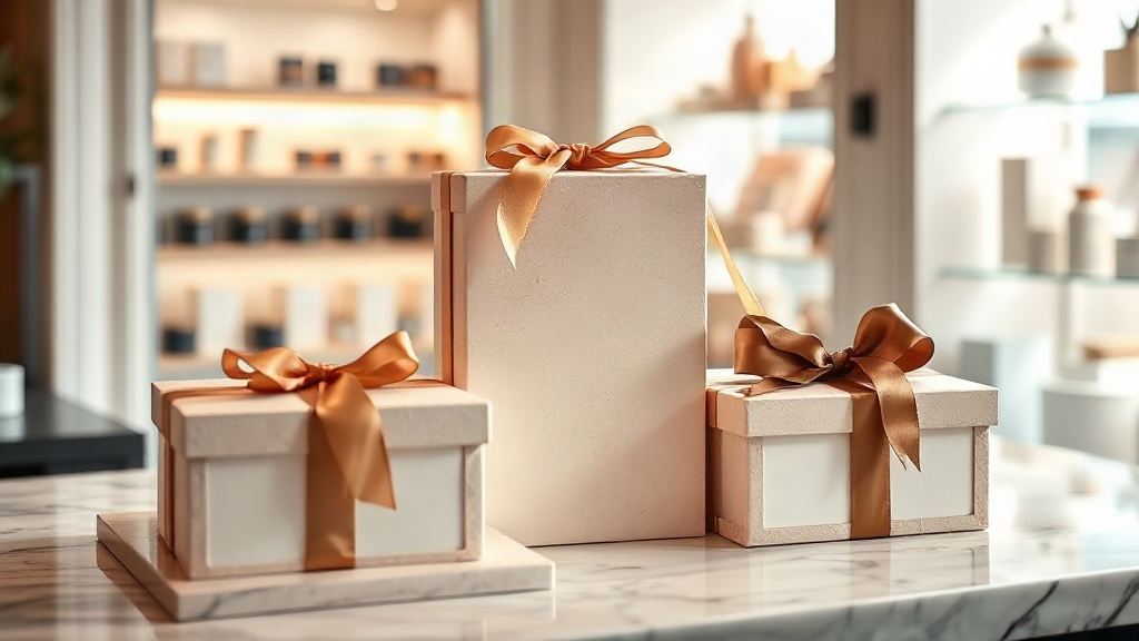 elegant closed perfume gift boxes wrapped with satin ribbon stacked on a marble boutique counter, soft studio lighting, 