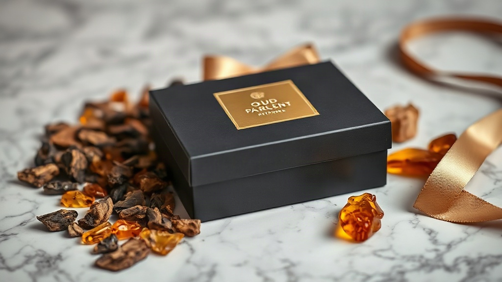 closed luxury perfume gift box with gold foil detailing on a marble surface, surrounded by dried oud wood chips and ambe