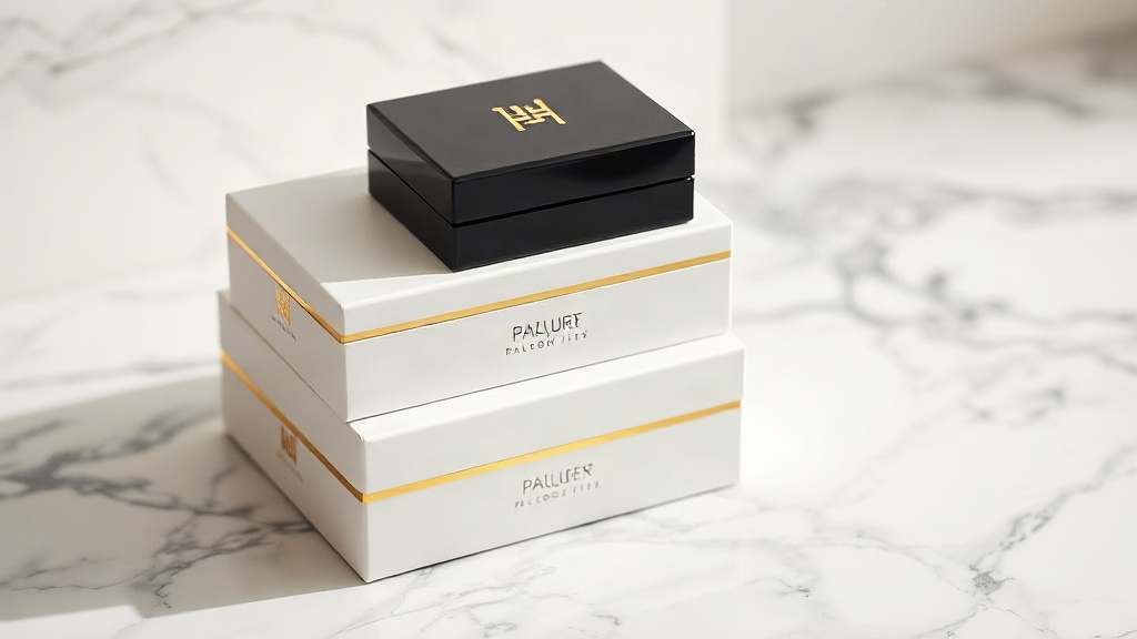 elegant flat lay of luxury perfume packaging boxes stacked on a polished marble counter, gold foil detailing on the boxe