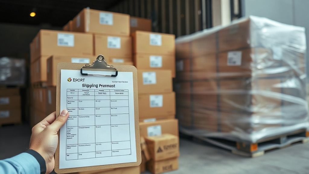 hand holding a shipping manifest clipboard beside stacked export cartons and a pallet wrapped in clear plastic film at a