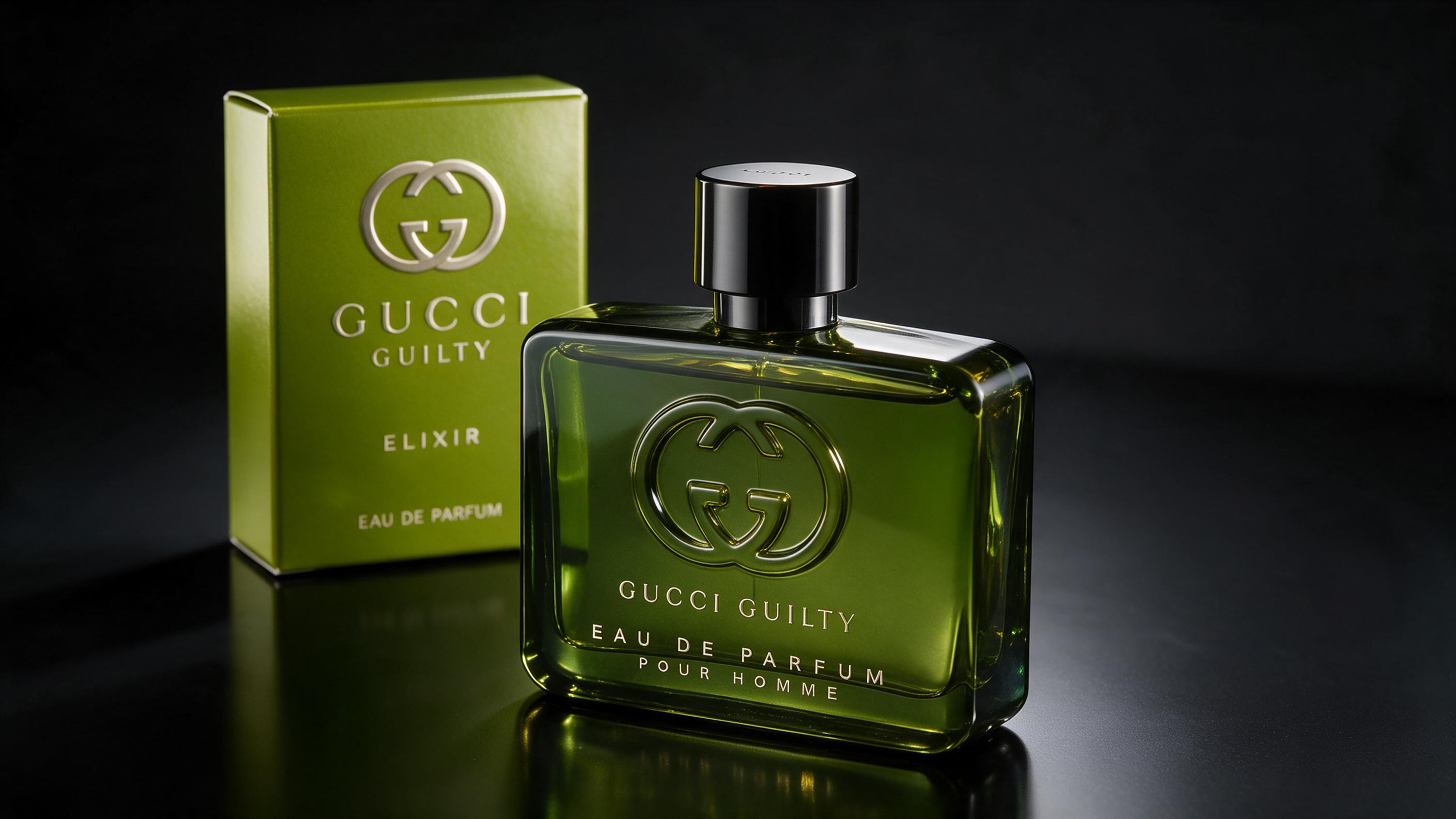Professional studio product photography of a Gucci Guilty Elixir perfume bottle on a reflective black glass surface, squ