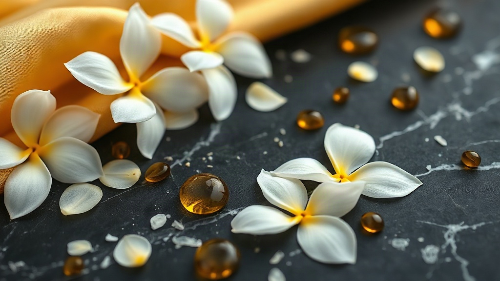 close-up macro photograph of fresh white jasmine blossoms and ylang-ylang flowers scattered beside golden silk fabric an