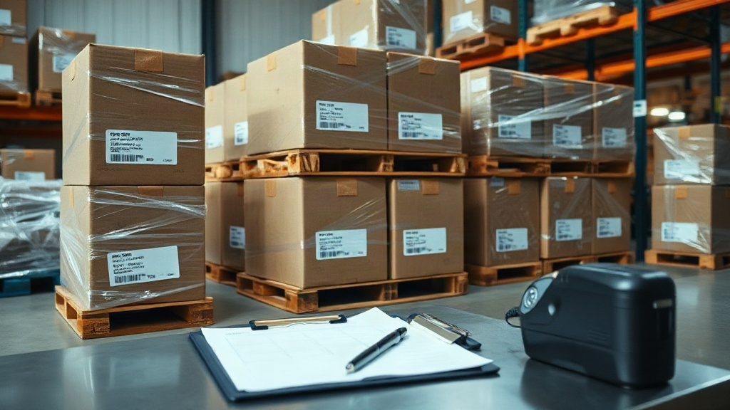 warehouse scene with sealed perfume shipping boxes stacked on wooden pallets, shrink-wrapped cartons, a clipboard with s