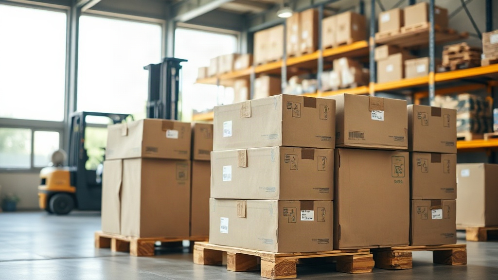 wide shot of a modern warehouse interior with neatly stacked cardboard shipping cartons on wooden pallets, a forklift in