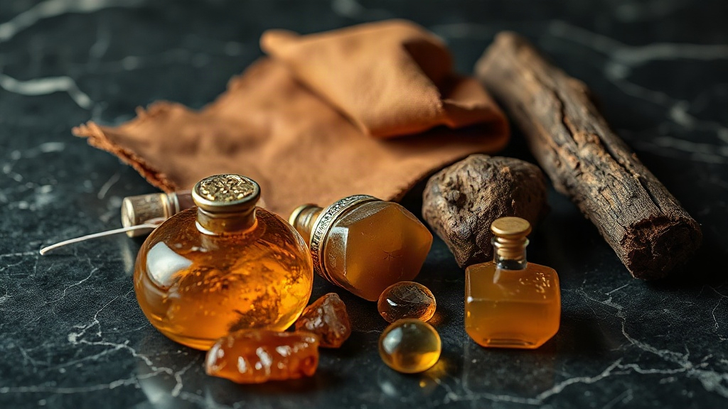 close-up studio photo of raw perfumery materials arranged on a dark veined marble surface, pieces of tanned leather hide