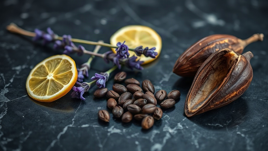 close-up macro photograph of raw perfumery ingredients arranged on a dark marble surface — fresh bergamot slices, purple