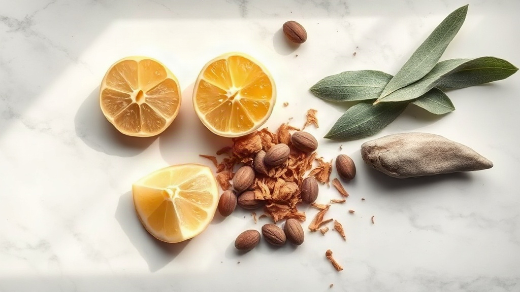 overhead flat lay of raw perfumery ingredients including fresh bergamot halves, tonka beans, cedarwood shavings and a sp