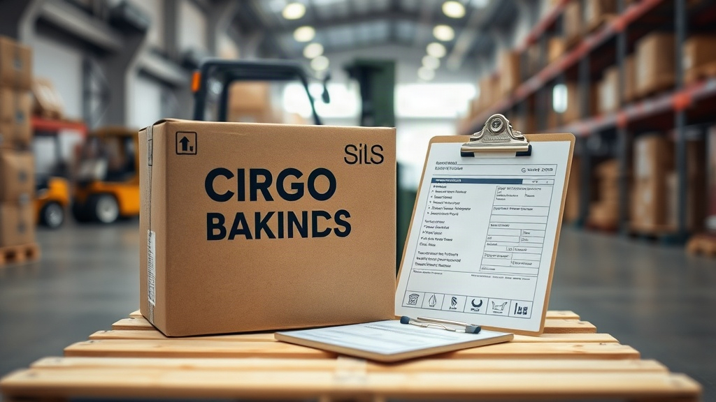 a cargo shipping box with customs declaration labels and a shipping manifest clipboard resting on a wooden pallet inside