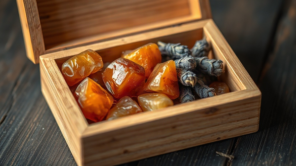 product-style close-up of an elegant open wooden box containing amber resin chunks, dried vanilla pods and a small bundl