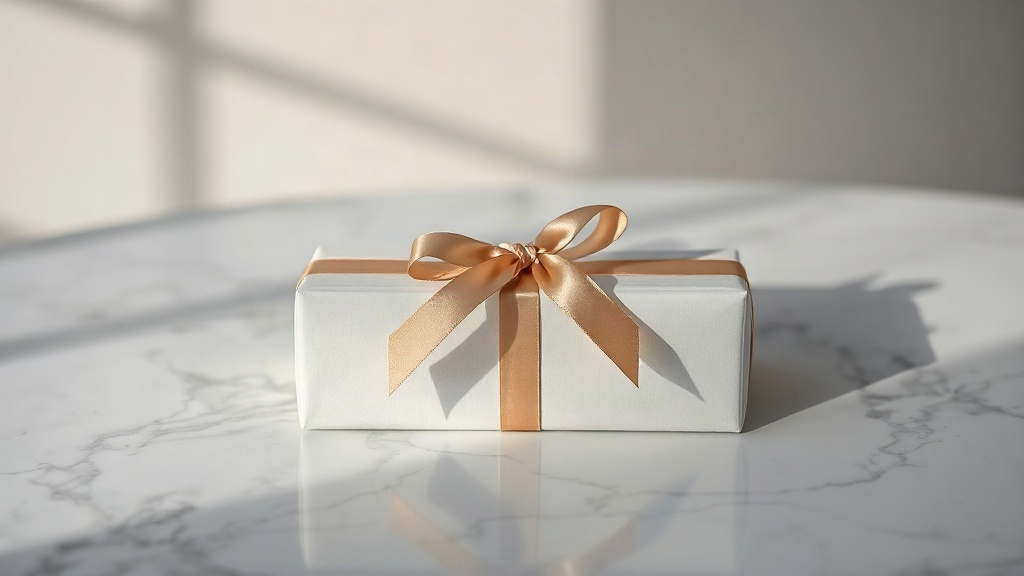 Elegant closed gift packaging box wrapped with satin ribbon placed on a polished marble surface, soft studio lighting, m