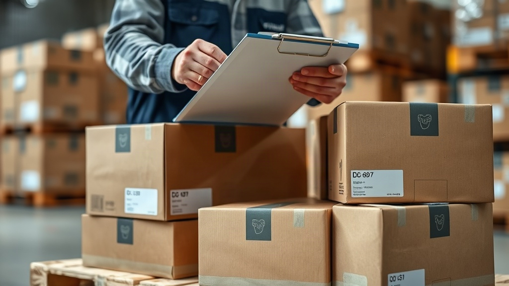 warehouse worker's hands checking a wooden pallet of sealed cardboard shipping boxes with a clipboard, industrial s