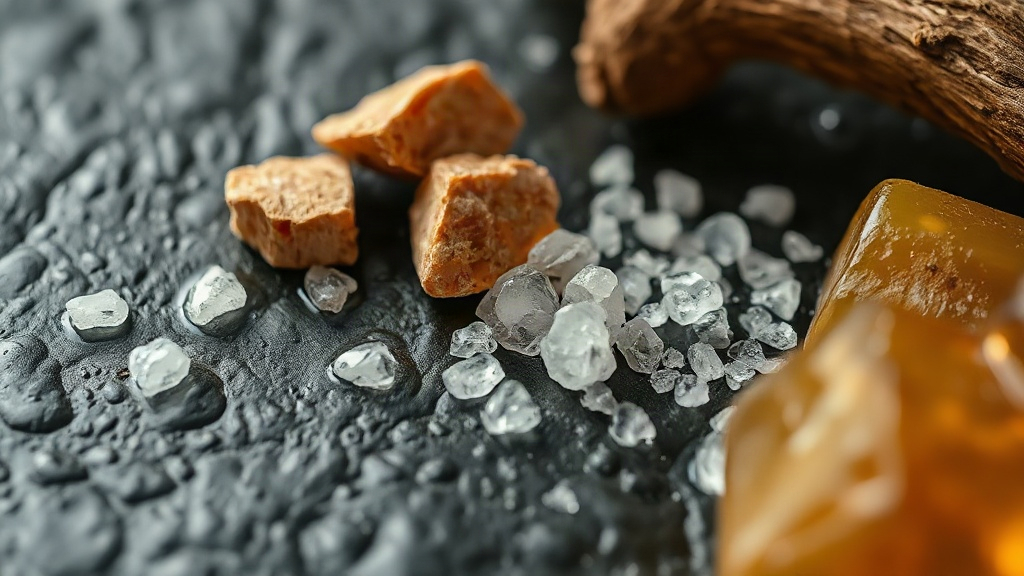 close-up macro photograph of natural perfume raw materials arranged on a wet dark stone surface, sea salt crystals, smoo