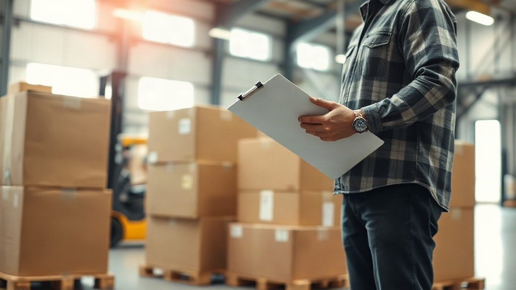 warehouse interior with stacked cardboard shipping boxes arranged on wooden pallets, a worker's hand holding a clip