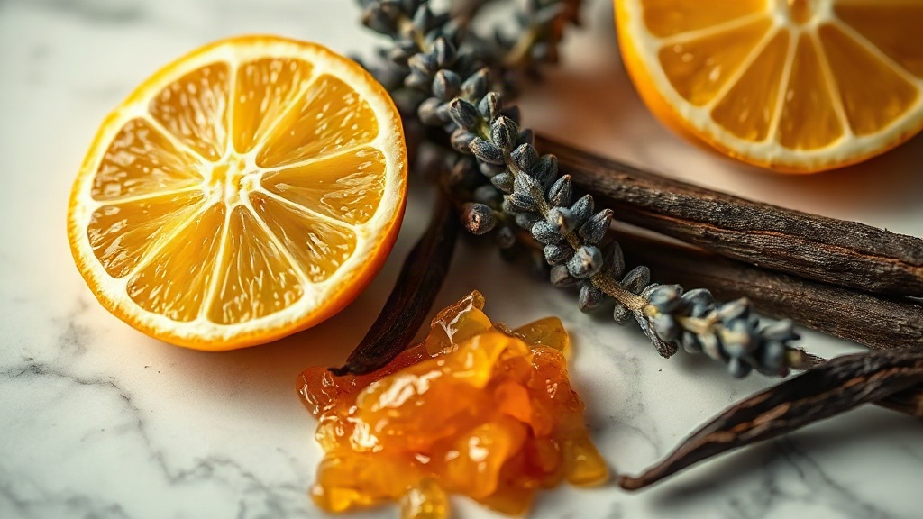 close-up of raw perfumery ingredients arranged on a marble surface — fresh bergamot citrus halves, lavender sprigs, vani
