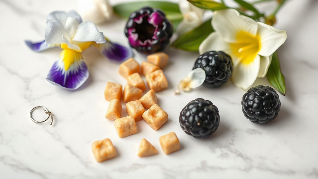 macro still life of raw perfume ingredients including iris flowers, blackberry, jasmine blossoms and praline pieces arra