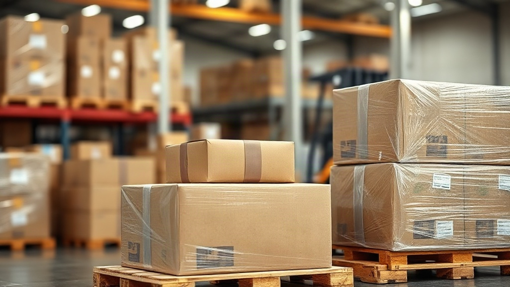 wide shot of a logistics warehouse with stacked cardboard shipping cartons wrapped in clear plastic film on wooden palle