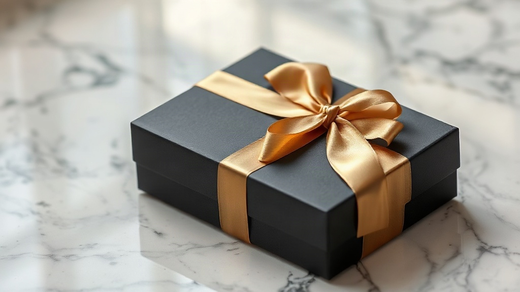 Elegant black gift packaging box with gold foil detailing and a satin ribbon placed on a polished marble surface, soft d