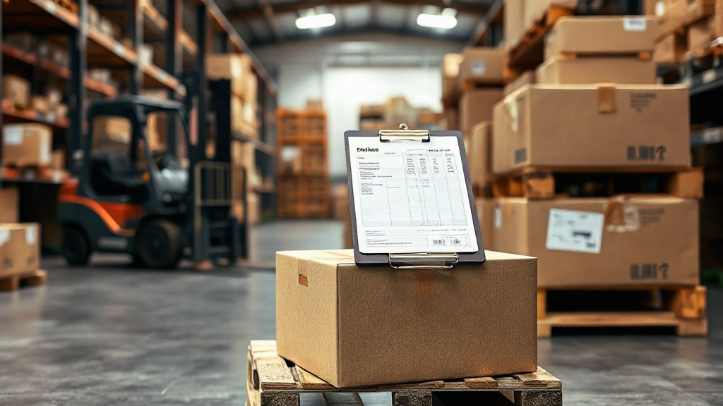 warehouse logistics scene with stacked sealed cardboard shipping boxes on wooden pallets, a forklift in the background, 