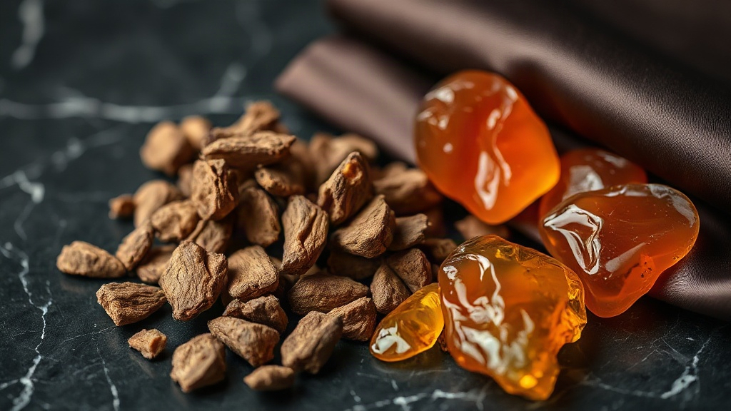 Close-up still life of raw oud wood chips, amber resin pieces, and a folded dark satin fabric arranged on a dark marble 