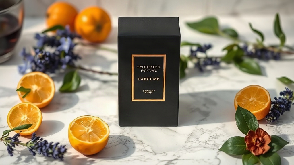 elegant perfume secondary packaging box on a marble surface surrounded by bergamot fruit, lavender sprigs and patchouli 