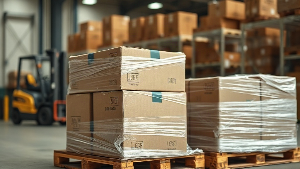 stacked cardboard shipping cartons wrapped in plastic film on wooden pallets inside a logistics warehouse, forklift blur