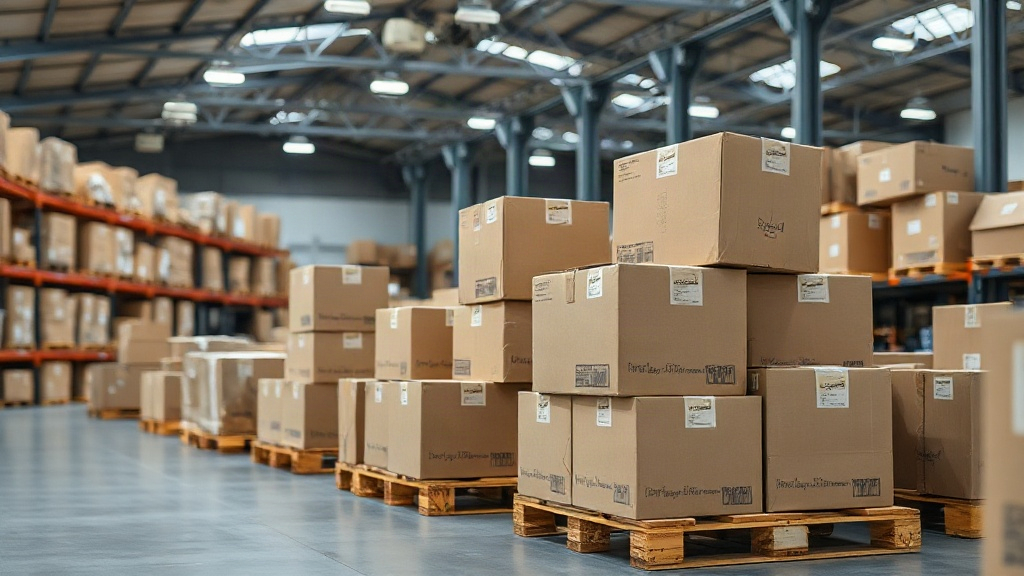 Wide shot of a modern logistics warehouse interior with neatly stacked cardboard shipping boxes on wooden pallets, forkl
