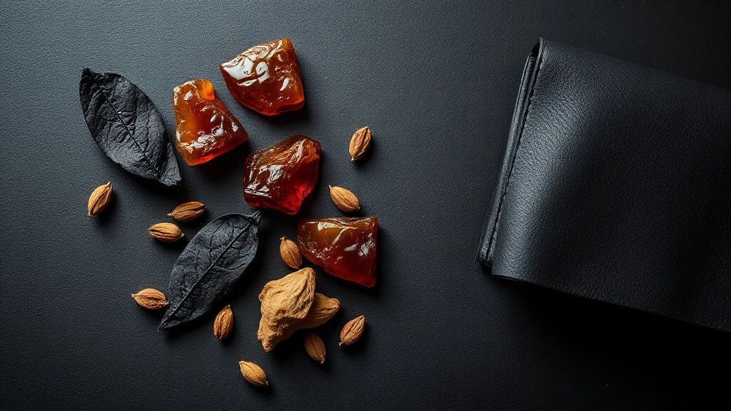 overhead flat lay of dark amber resin chunks, cardamom pods, dried tobacco leaves, and a folded black leather swatch arr