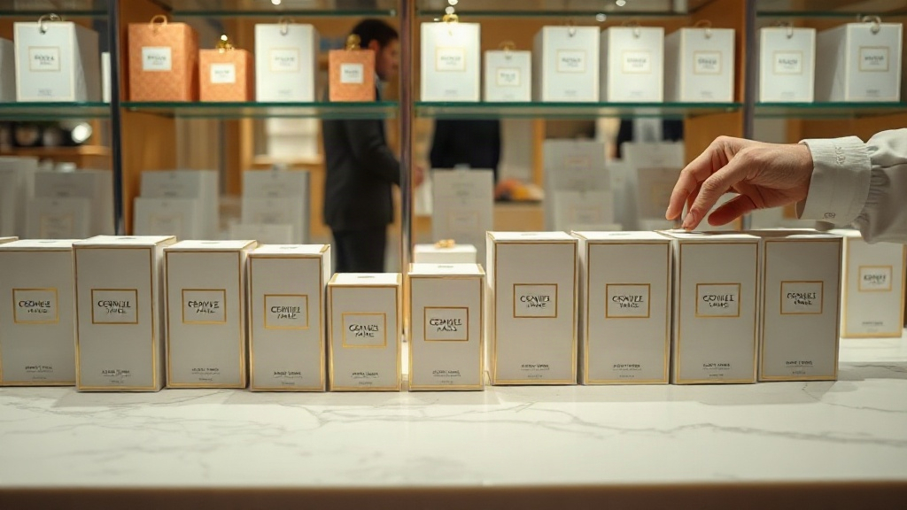 Elegant retail display shelf with sealed perfume packaging boxes arranged neatly on a marble counter, soft studio lighti
