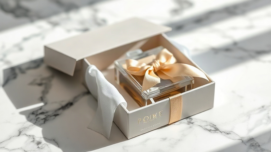 elegant perfume gift box with satin ribbon and tissue paper, partially open, placed on a polished marble surface, soft n