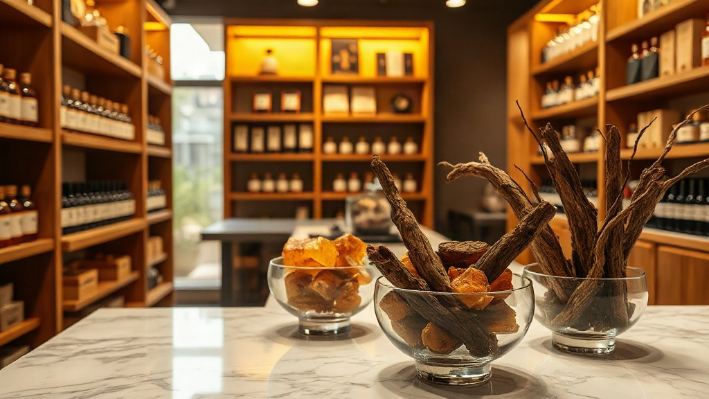 elegant wholesale perfume boutique interior, wooden display shelving, glass bowls filled with amber resin chunks and dri