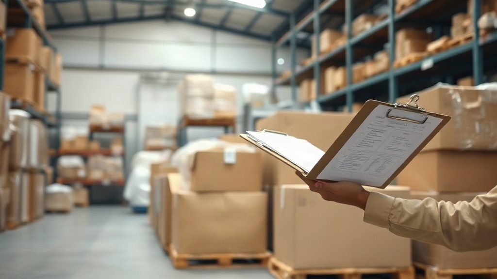 warehouse interior with stacked cardboard shipping boxes on wooden pallets, a worker's hand holding a clipboard che