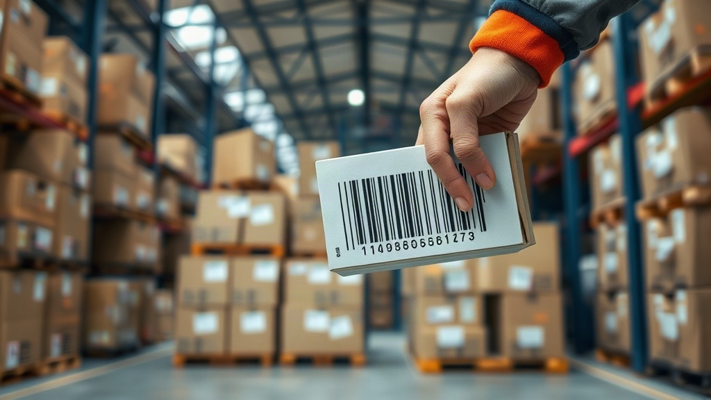 Warehouse interior with stacked cardboard shipping cartons and wooden pallets, a worker's hand holding a barcode sc