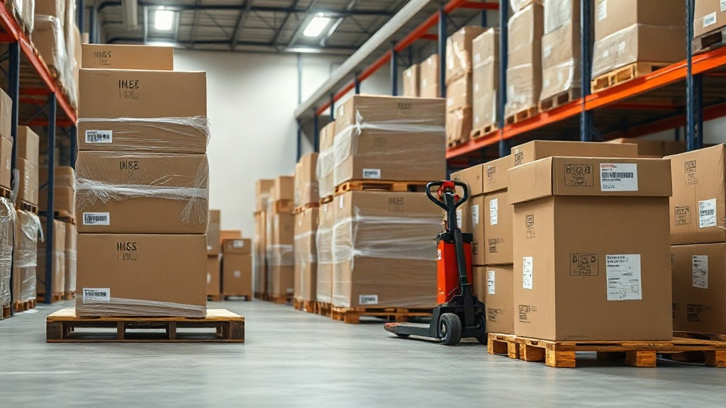 a wholesale warehouse interior with stacked cardboard shipping cartons on wooden pallets, shrink-wrapped boxes, a hand p