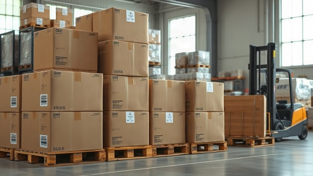 rows of sealed cardboard shipping cartons stacked on wooden pallets inside a bright fragrance distribution warehouse, a