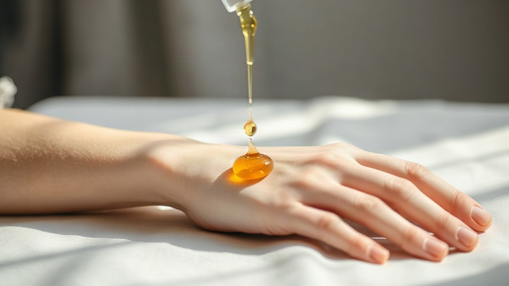 a wrist and forearm resting on pale linen fabric, a drop of golden liquid falling from a small glass dropper onto the sk