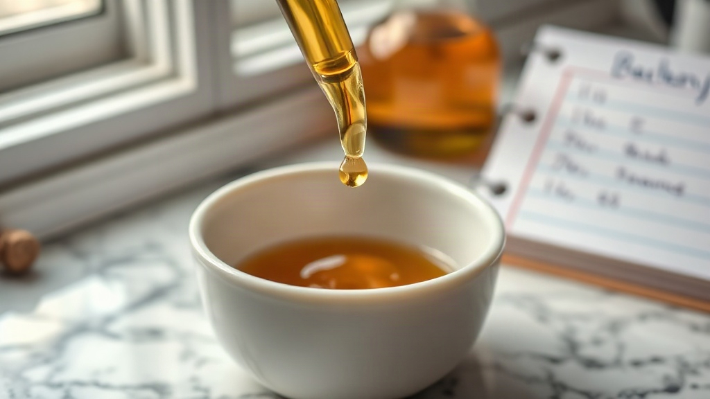 Macro shot of a glass dropper lifting a thick amber-colored oil droplet above a white ceramic mixing dish on a marble la