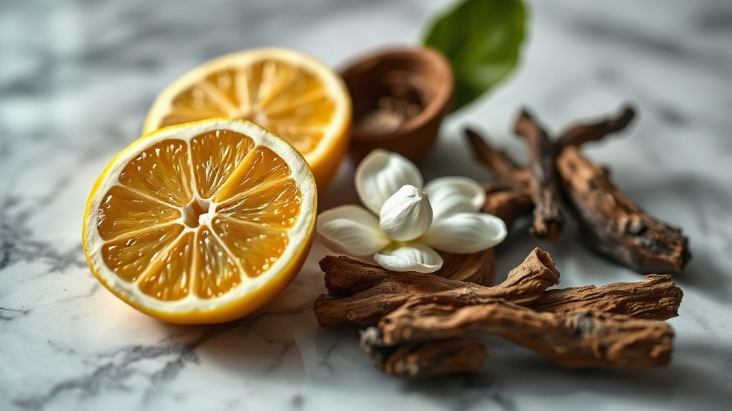 Close-up photograph of raw perfumery ingredients arranged on a polished marble surface — fresh bergamot citrus halves, d