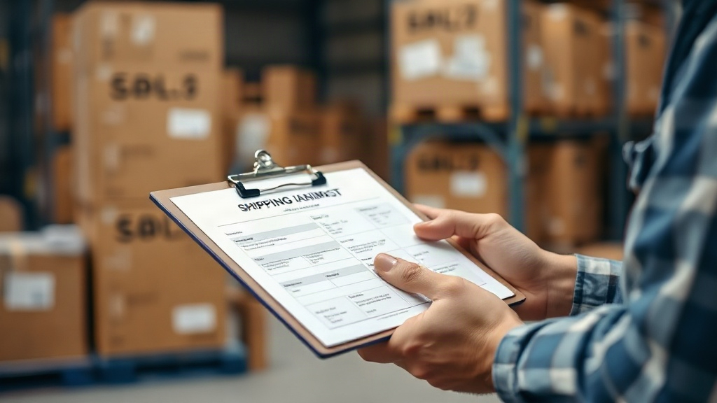 Photograph of a warehouse worker's hands reviewing a shipping manifest and customs paperwork on a clipboard, stacke