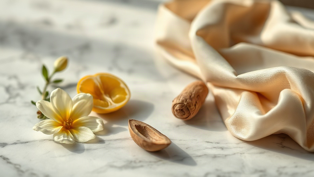 Close-up still life of raw perfume-making ingredients arranged on a polished marble surface, a sprig of fresh jasmine, a