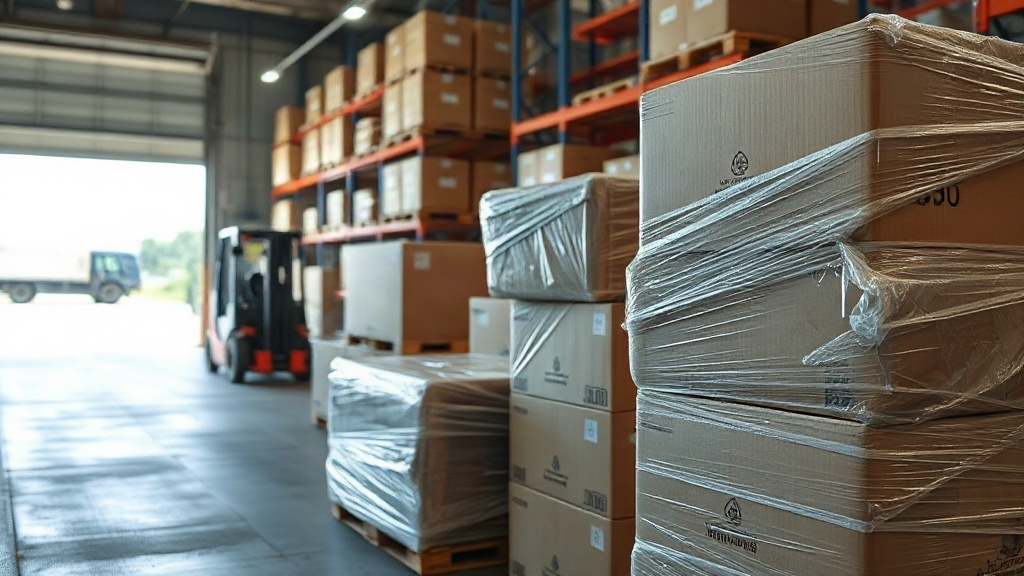 interior of a wholesale distribution warehouse near a highway, stacked pallets of sealed cardboard shipping cartons wrap