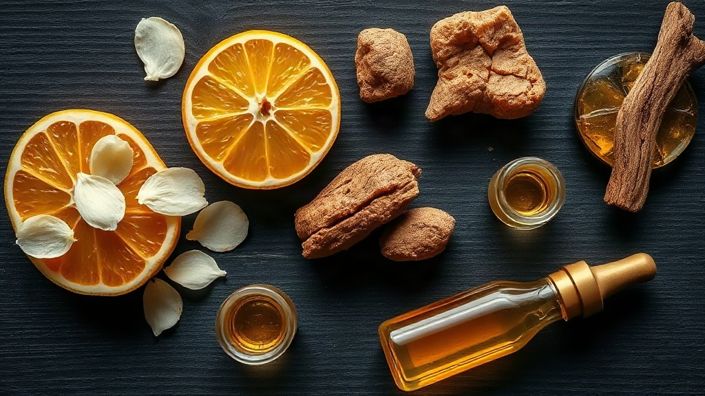 overhead flat lay of raw perfume-making ingredients on a dark wooden table — fresh bergamot citrus halves, loose jasmine