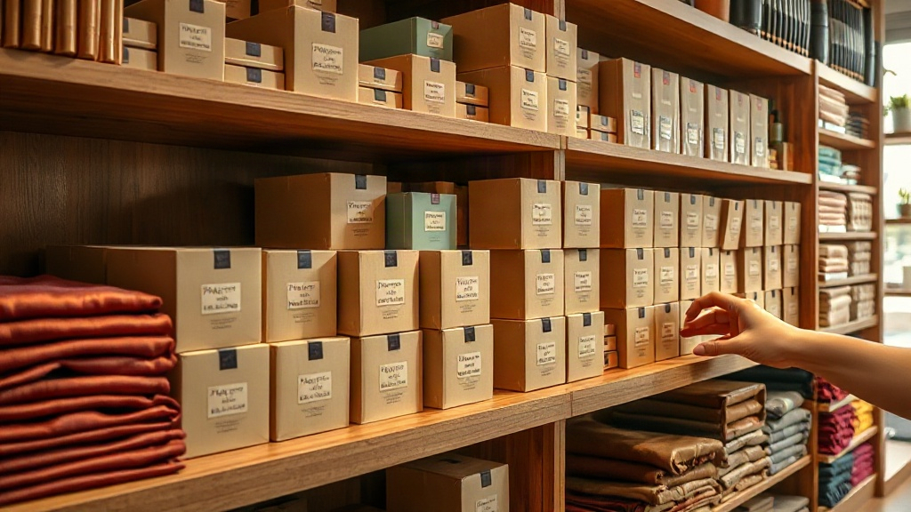 an organized retail back-office scene showing neatly stacked cardboard perfume packaging boxes on wooden shelving, folde