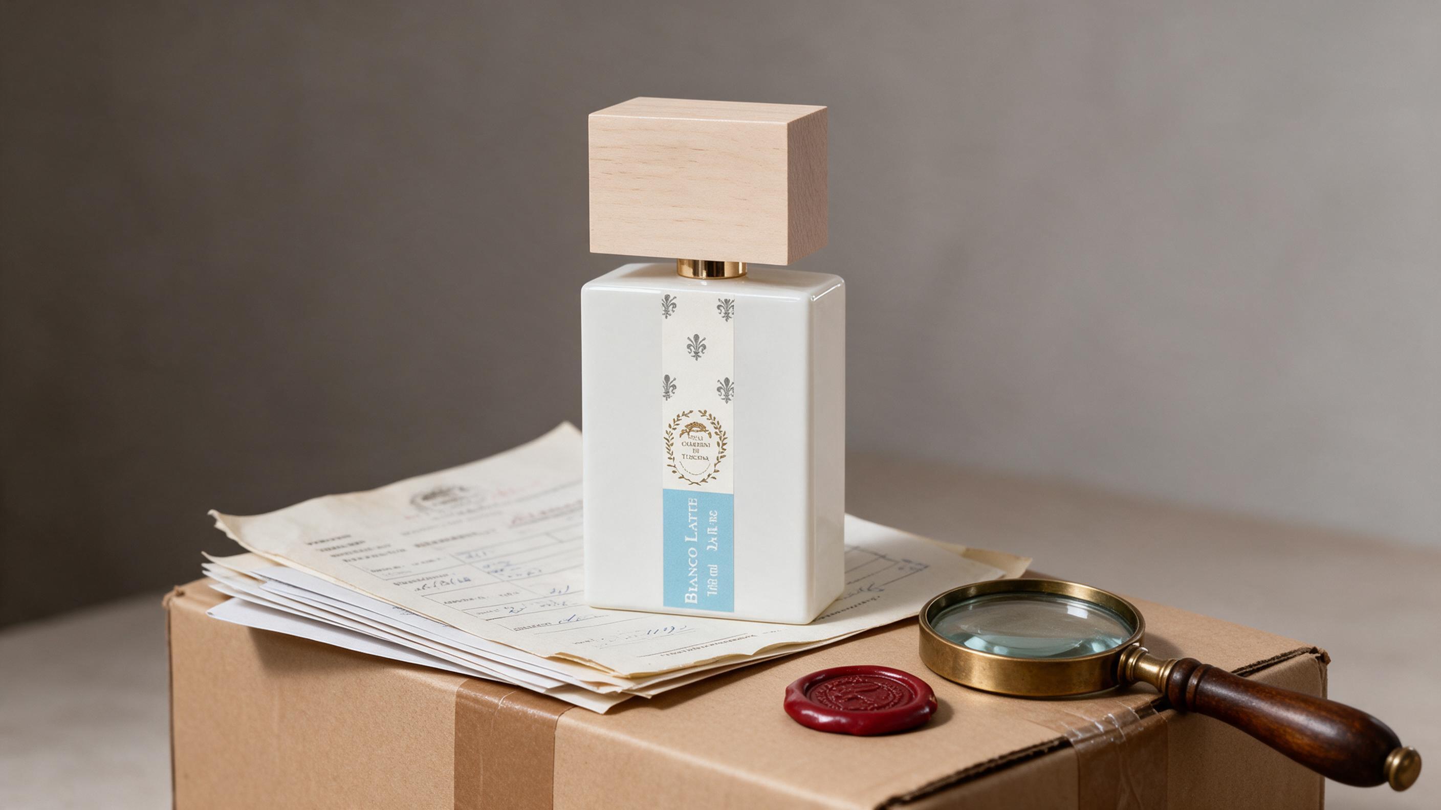 a single elegant unbranded perfume bottle standing upright on top of a stack of official shipping documents and a sealed
