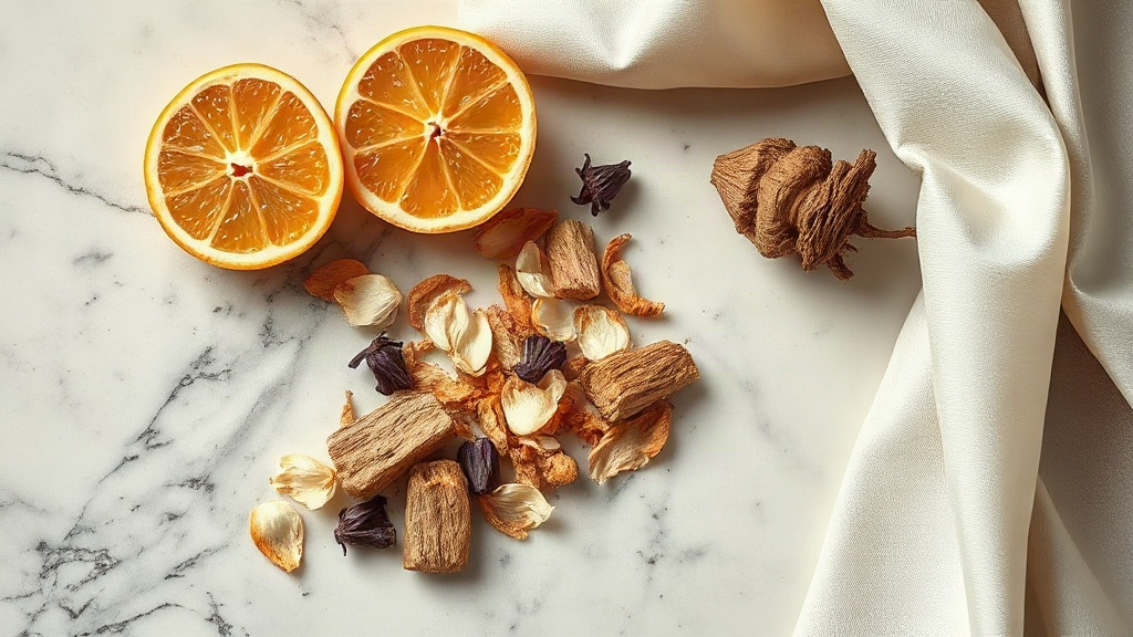 raw perfumery ingredients arranged on a marble surface, fresh bergamot citrus halves, loose jasmine flowers, small chunk